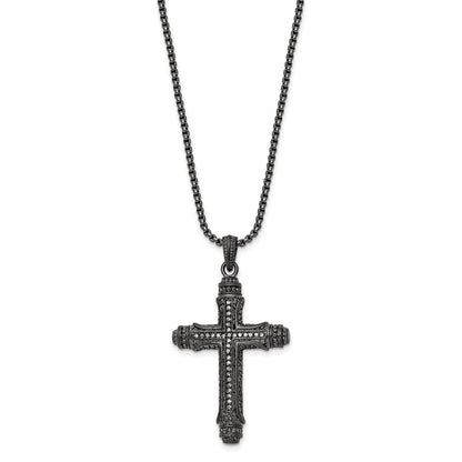 Chisel Stainless Steel Brushed and Polished Gun Metal IP-plated with CZ Cross Pendant on a 24 inch Box Chain Necklace