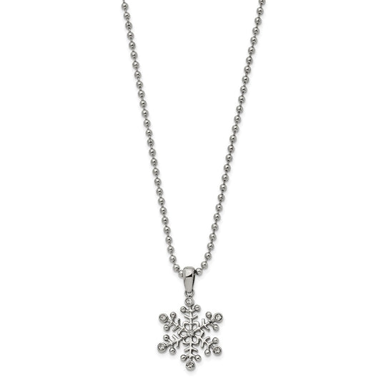 Chisel Stainless Steel Polished with CZ Snowflake Pendant on a 24 inch Ball Chain Necklace