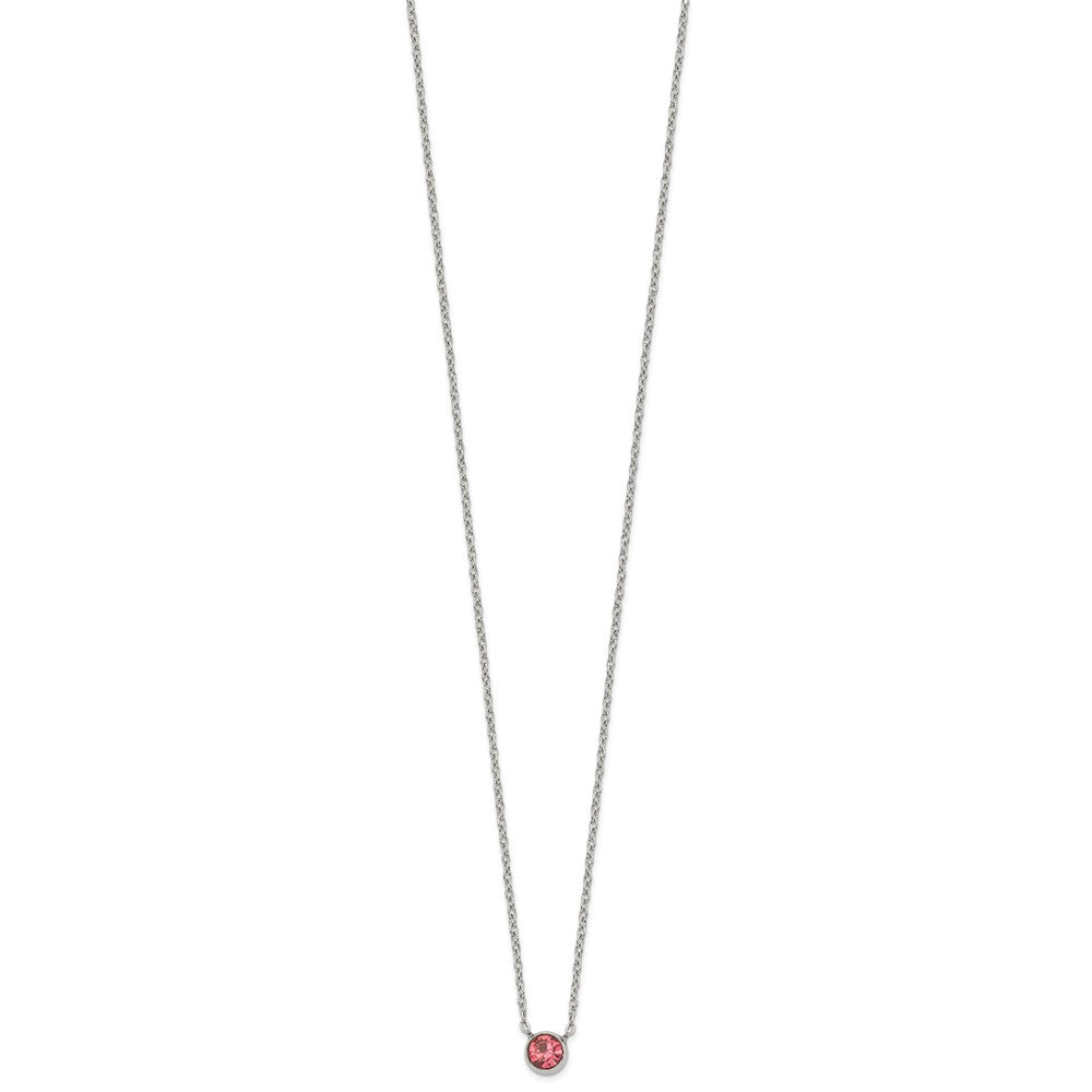 Stainless Steel Polished Pink Glass Crystal 16in w/2in ext. Necklace