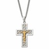 Chisel Stainless Steel Polished Yellow IP-plated Grey Carbon Fiber Inlay Crucifix Pendant on a 24 inch Curb Chain Necklace