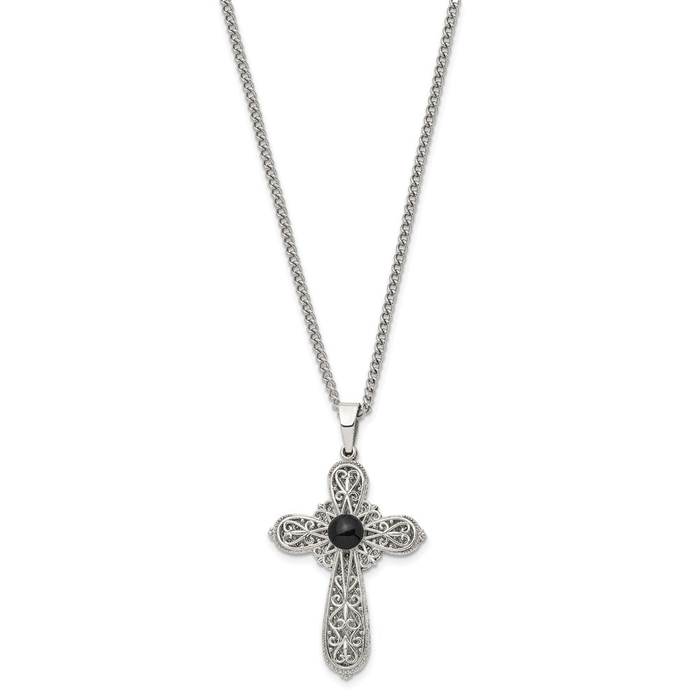 Chisel Stainless Steel Brushed and Polished Black Epoxy Pentecost Prayer Cross Pendant on a 24 inch Curb Chain Necklace