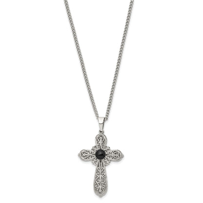 Chisel Stainless Steel Brushed and Polished Black Epoxy Pentecost Prayer Cross Pendant on a 24 inch Curb Chain Necklace