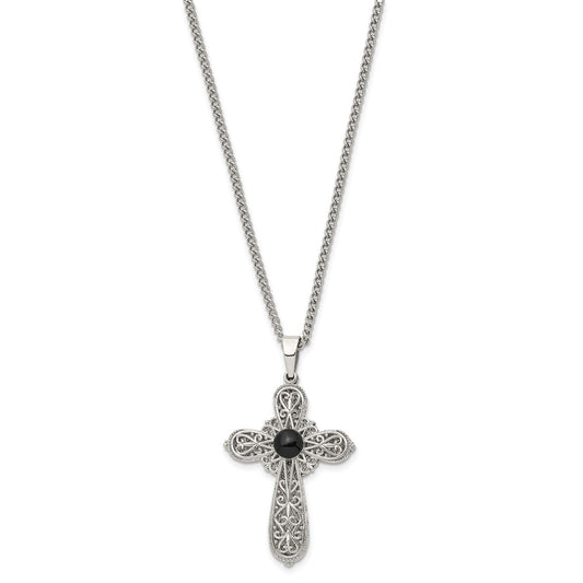 Chisel Stainless Steel Brushed and Polished Black Epoxy Pentecost Prayer Cross Pendant on a 24 inch Curb Chain Necklace