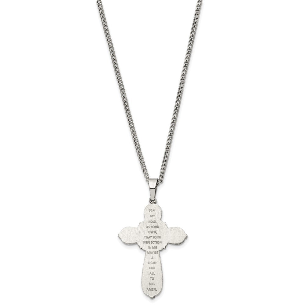 Chisel Stainless Steel Brushed and Polished Black Epoxy Pentecost Prayer Cross Pendant on a 24 inch Curb Chain Necklace