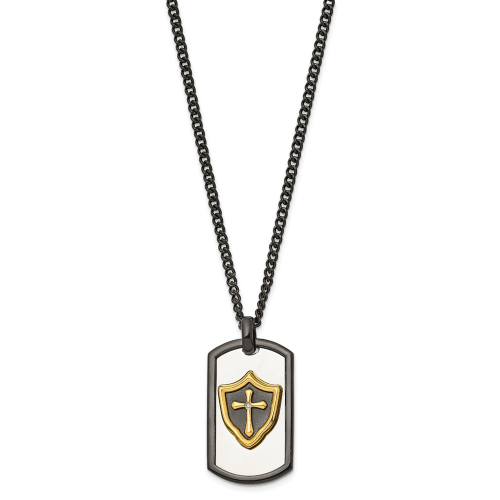 Chisel Stainless Steel Polished Black and Yellow IP-plated with CZ HERO Dog Tag on a 24 inch Curb Chain Necklace