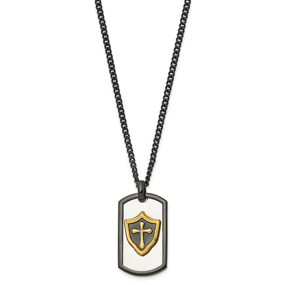 Chisel Stainless Steel Polished Black and Yellow IP-plated with CZ HERO Dog Tag on a 24 inch Curb Chain Necklace