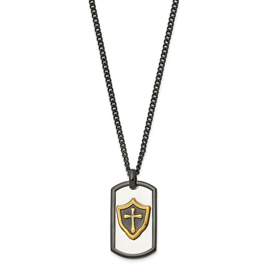 Chisel Stainless Steel Polished Black and Yellow IP-plated with CZ HERO Dog Tag on a 24 inch Curb Chain Necklace