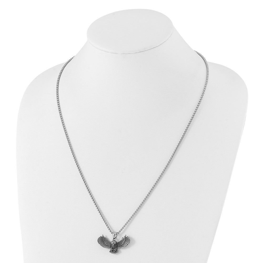 Chisel Stainless Steel Antiqued and Polished Flying Owl Pendant on a 24 inch Box Chain Necklace