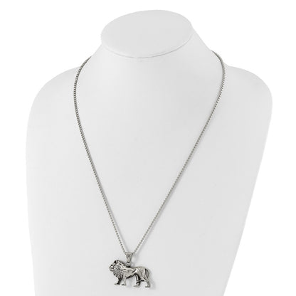 Chisel Stainless Steel Antiqued and Polished Lion Pendant on a 25.5 inch Box Chain Necklace