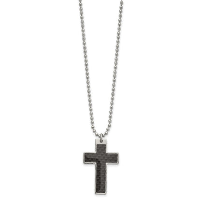 Chisel Stainless Steel Polished with Black Carbon Fiber Inlay Cross Pendant on a 20 inch Ball Chain Necklace