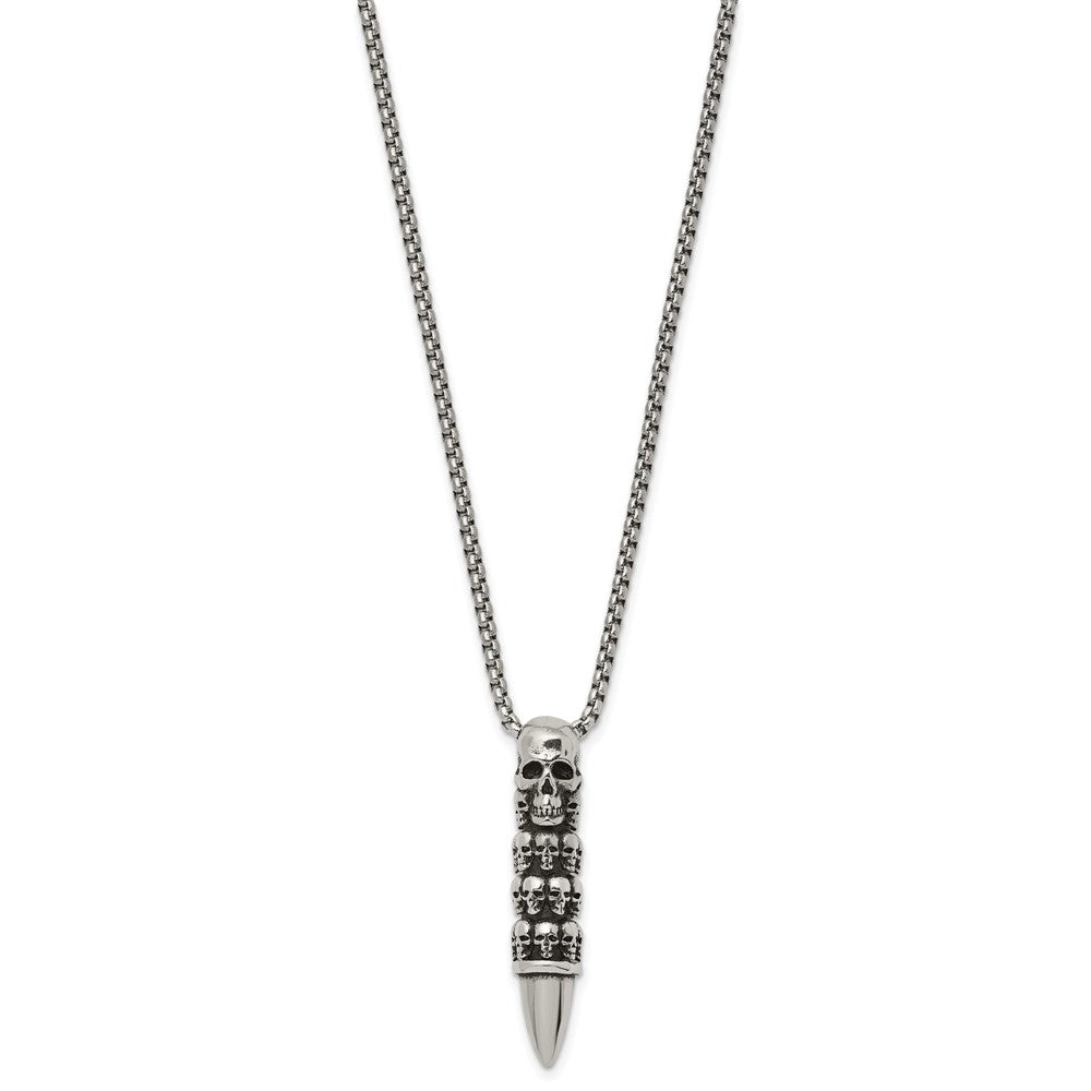 Chisel Stainless Steel Antiqued and Polished Bullet with Skulls Pendant on a 25.5 inch Box Chain Necklace