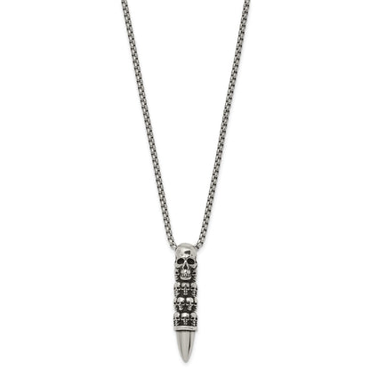 Chisel Stainless Steel Antiqued and Polished Bullet with Skulls Pendant on a 25.5 inch Box Chain Necklace