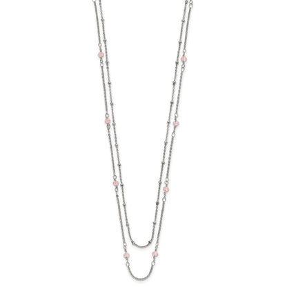 Chisel Stainless Steel Polished 2-Strand Pink Crystal Beaded 16 inch with 1 inch Extension Necklace