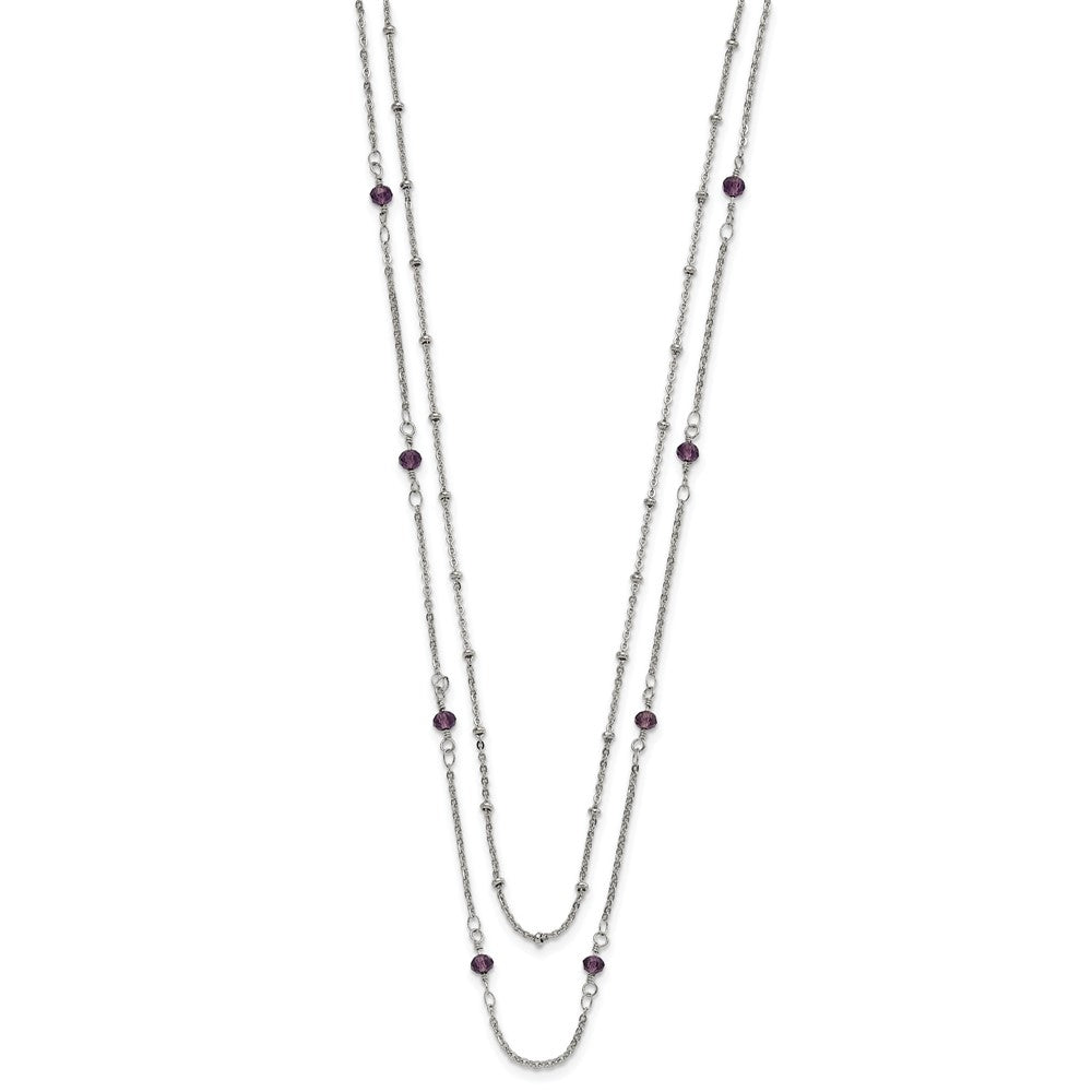 Chisel Stainless Steel Polished 2-Strand Purple Crystal Beaded 16 inch with 1 inch Extension Necklace