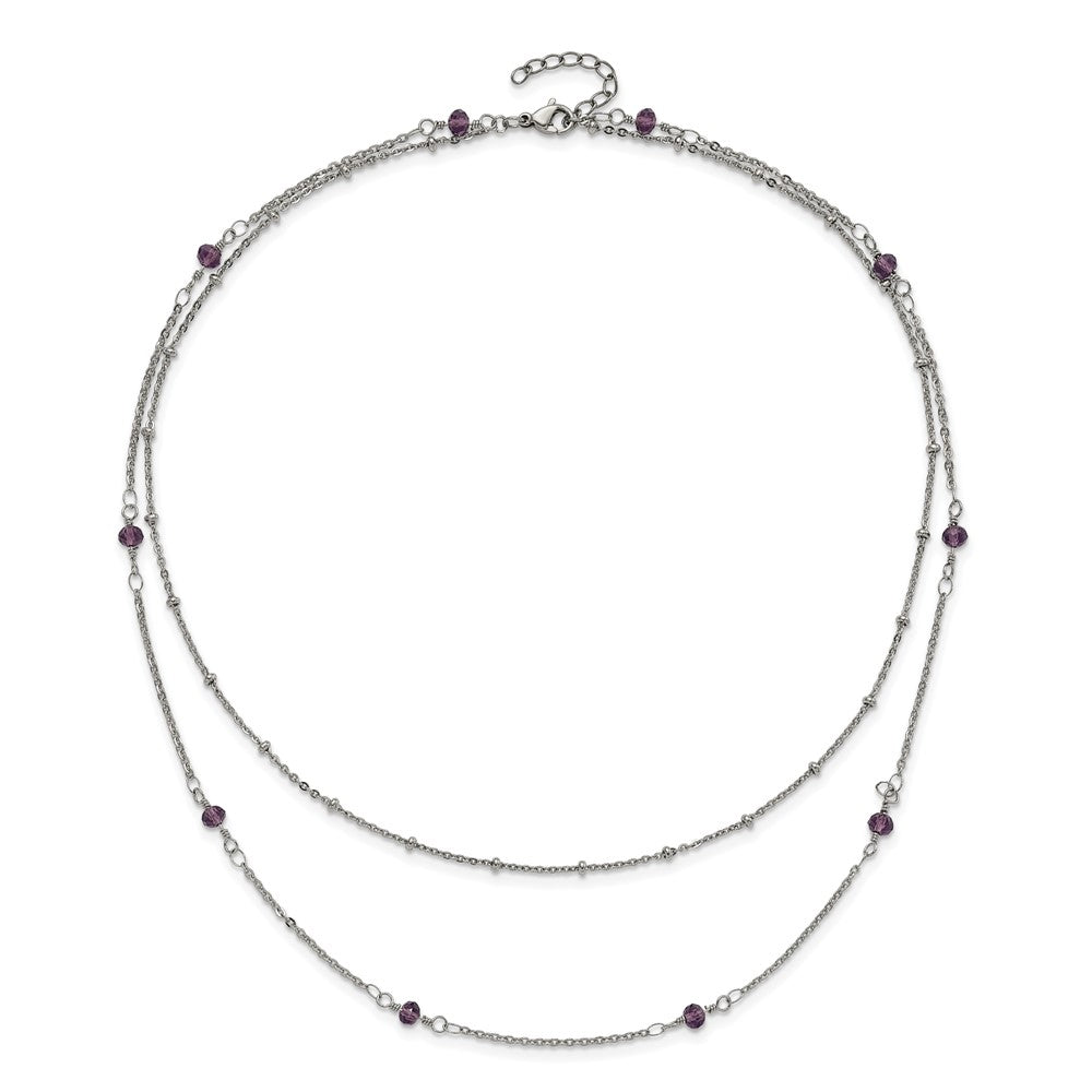 Chisel Stainless Steel Polished 2-Strand Purple Crystal Beaded 16 inch with 1 inch Extension Necklace