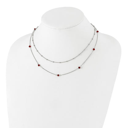 Chisel Stainless Steel Polished 2-Strand Red Crystal Beaded 16 inch with 1 inch Extension Necklace