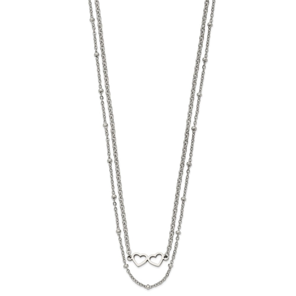 Chisel Stainless Steel Polished Double Hearts on an 18 inch 2-Strand Cable Chain Necklace