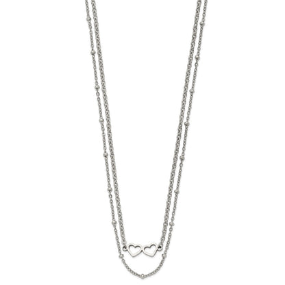 Chisel Stainless Steel Polished Double Hearts on an 18 inch 2-Strand Cable Chain Necklace