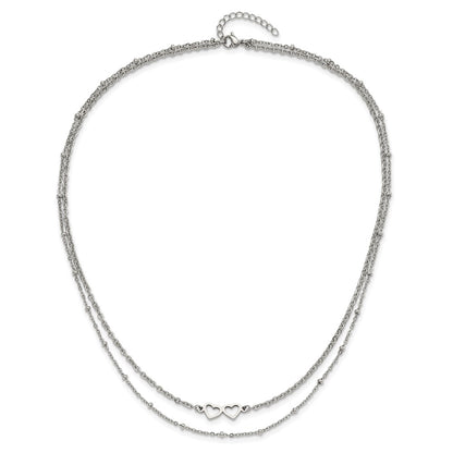 Chisel Stainless Steel Polished Double Hearts on an 18 inch 2-Strand Cable Chain Necklace