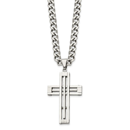 Chisel Stainless Steel Polished Cross Pendant on a 22 inch Curb Chain Necklace