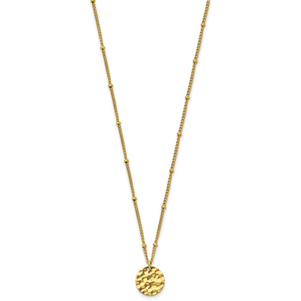 Chisel Stainless Steel Polished and Hammered Yellow IP-plated Circle Pendant on a 15 inch Curb Chain with a 2.5 inch Extension Necklace