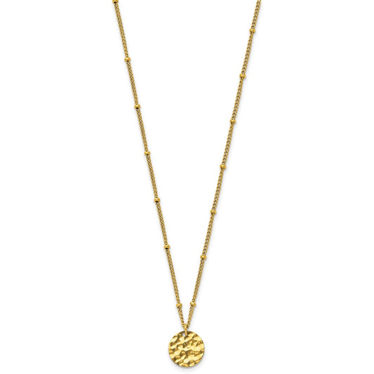 Chisel Stainless Steel Polished and Hammered Yellow IP-plated Circle Pendant on a 15 inch Curb Chain with a 2.5 inch Extension Necklace