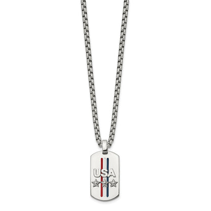 Chisel Stainless Steel Polished Enameled USA and Stars Dog Tag on a 22 inch Box Chain Necklace