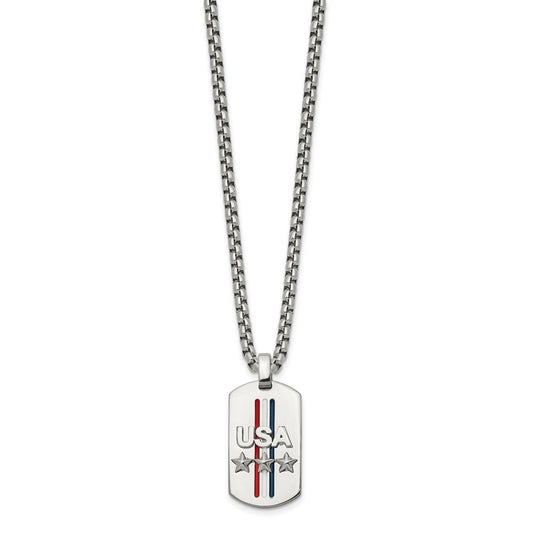 Chisel Stainless Steel Polished Enameled USA and Stars Dog Tag on a 22 inch Box Chain Necklace