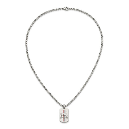 Chisel Stainless Steel Polished Enameled USA and Stars Dog Tag on a 22 inch Box Chain Necklace