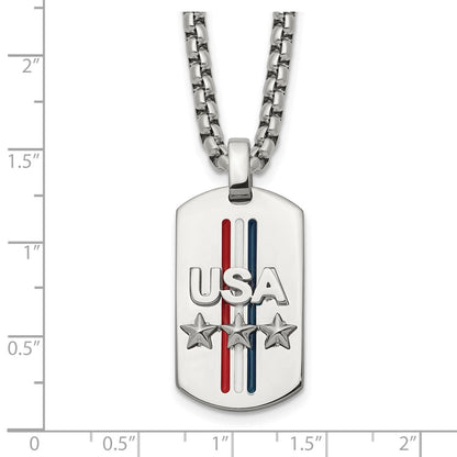 Chisel Stainless Steel Polished Enameled USA and Stars Dog Tag on a 22 inch Box Chain Necklace