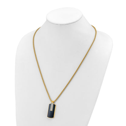 Chisel Stainless Steel Polished Black and Yellow IP-plated with CZ Dog Tag on a 24 inch Box Chain Necklace