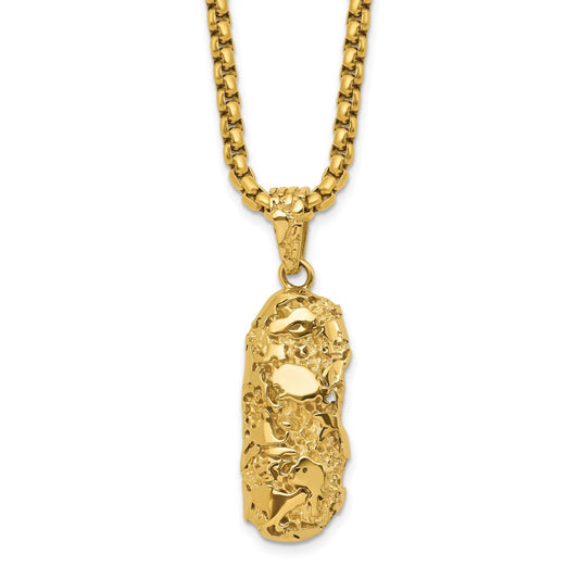 Chisel Stainless Steel Polished and Textured Yellow IP-plated Nugget Dog Tag 22 inch Box Chain Necklace