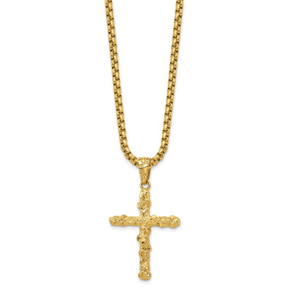 Chisel Stainless Steel Polished and Textured Yellow IP-plated Nugget Cross Pendant on a 22 inch Box Chain Necklace