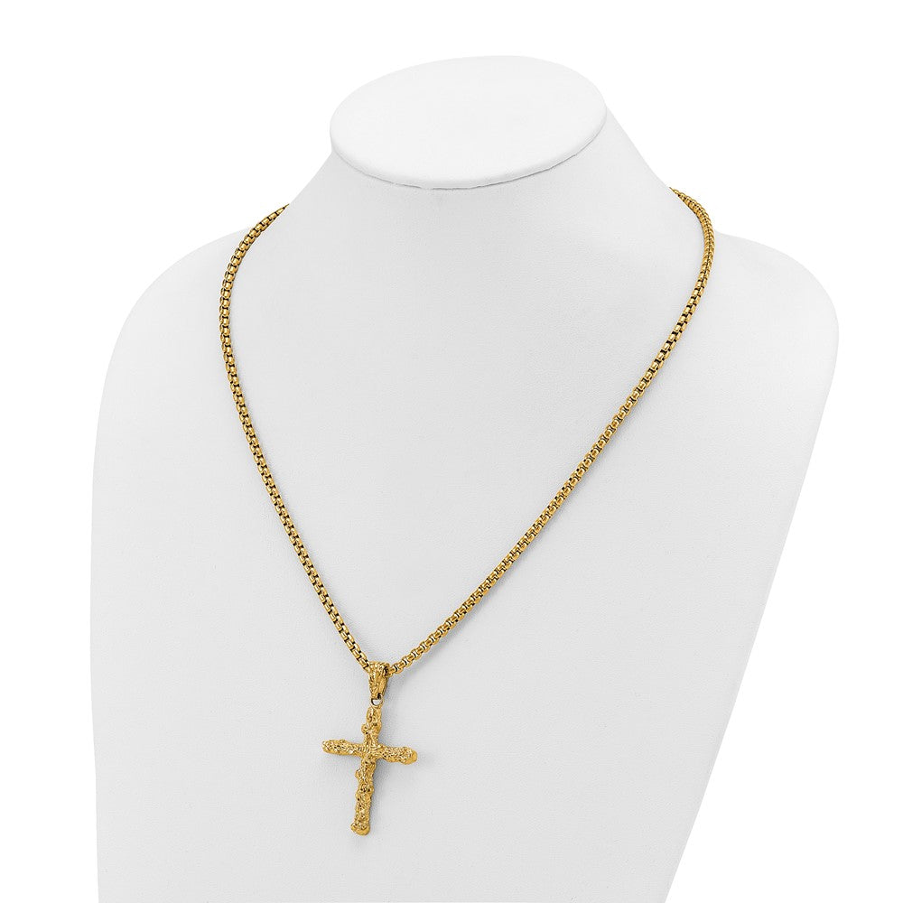 Chisel Stainless Steel Polished and Textured Yellow IP-plated Nugget Cross Pendant on a 22 inch Box Chain Necklace