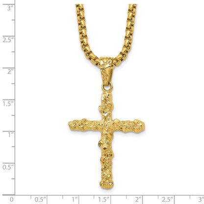 Chisel Stainless Steel Polished and Textured Yellow IP-plated Nugget Cross Pendant on a 22 inch Box Chain Necklace