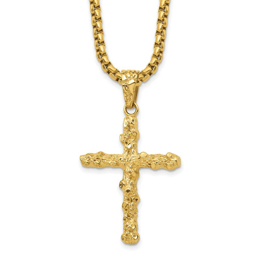 Chisel Stainless Steel Polished and Textured Yellow IP-plated Nugget Cross Pendant on a 22 inch Box Chain Necklace