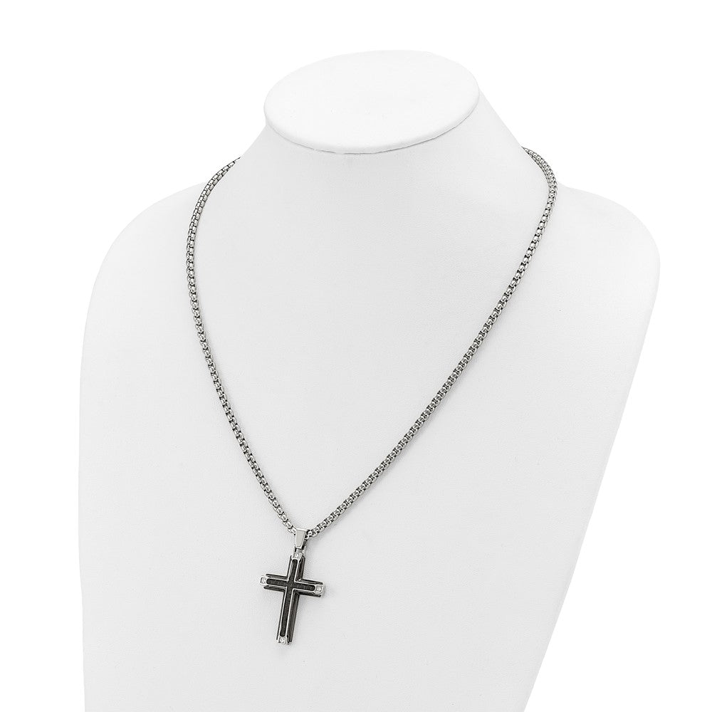 Chisel Stainless Steel Polished with CZ and Black Carbon Fiber Inlay Cross Pendant on a 22 inch Box Chain Necklace