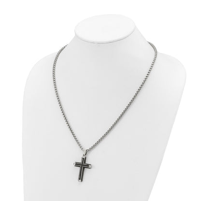 Chisel Stainless Steel Polished with CZ and Black Carbon Fiber Inlay Cross Pendant on a 22 inch Box Chain Necklace