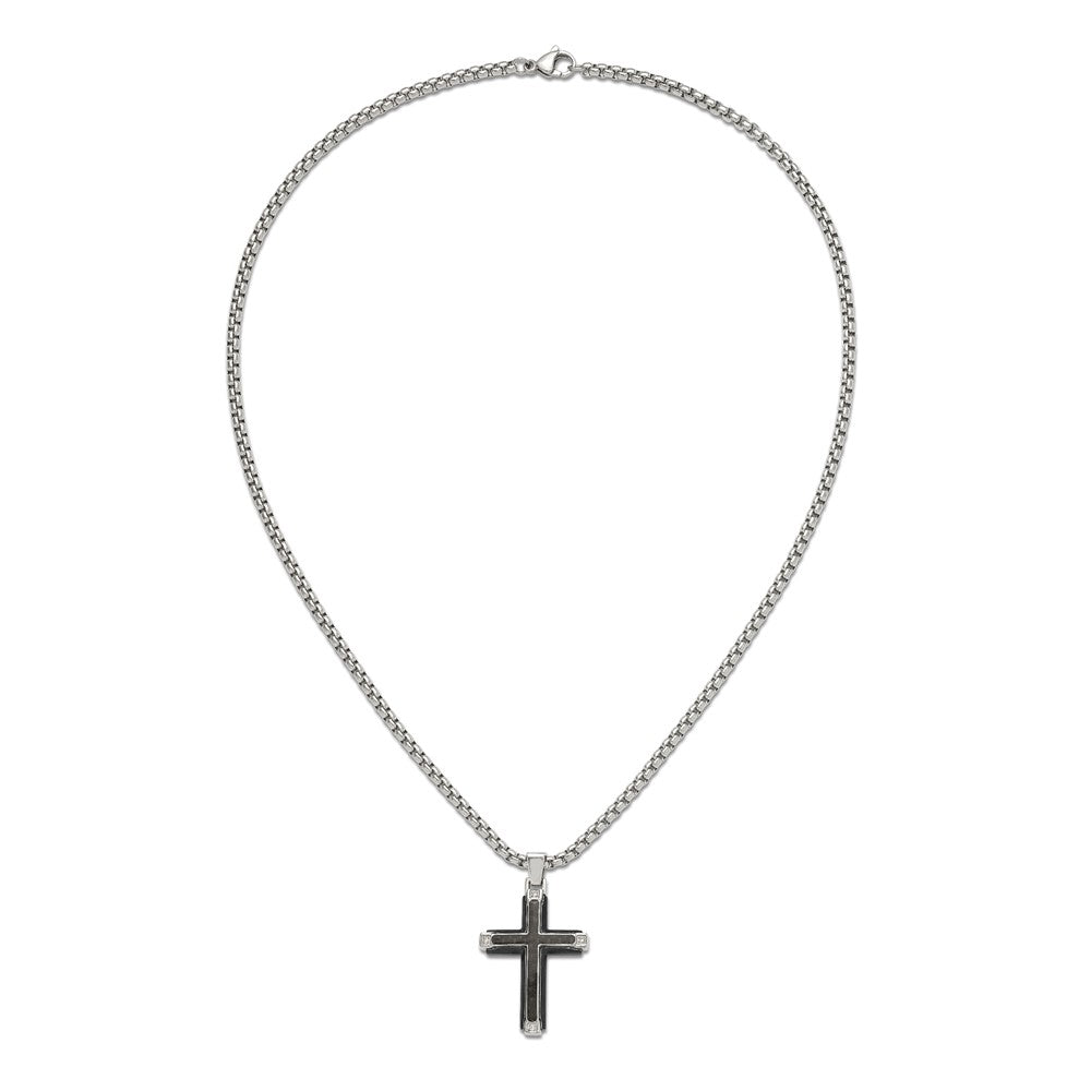 Chisel Stainless Steel Polished with CZ and Black Carbon Fiber Inlay Cross Pendant on a 22 inch Box Chain Necklace