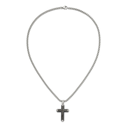 Chisel Stainless Steel Polished with CZ and Black Carbon Fiber Inlay Cross Pendant on a 22 inch Box Chain Necklace