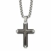 Chisel Stainless Steel Polished with CZ and Black Carbon Fiber Inlay Cross Pendant on a 22 inch Box Chain Necklace
