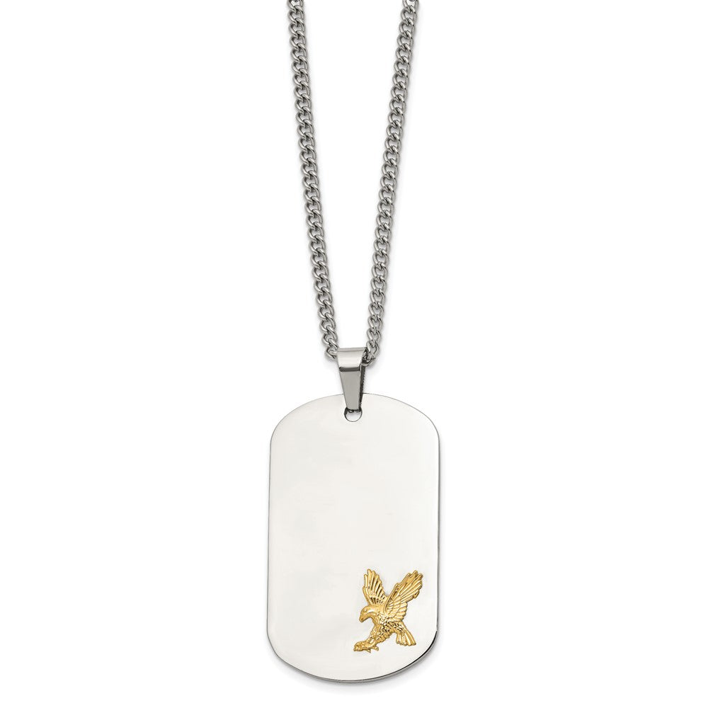 Chisel Stainless Steel Polished with 14K Gold Accent Eagle Dog Tag on a 24 inch Curb Chain Necklace