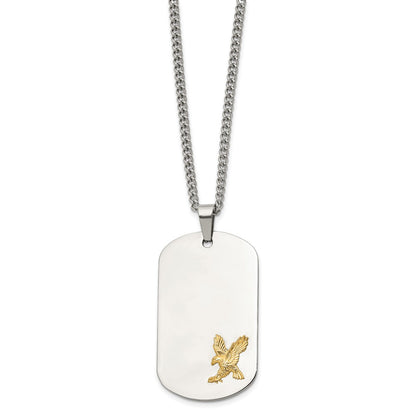 Chisel Stainless Steel Polished with 14K Gold Accent Eagle Dog Tag on a 24 inch Curb Chain Necklace