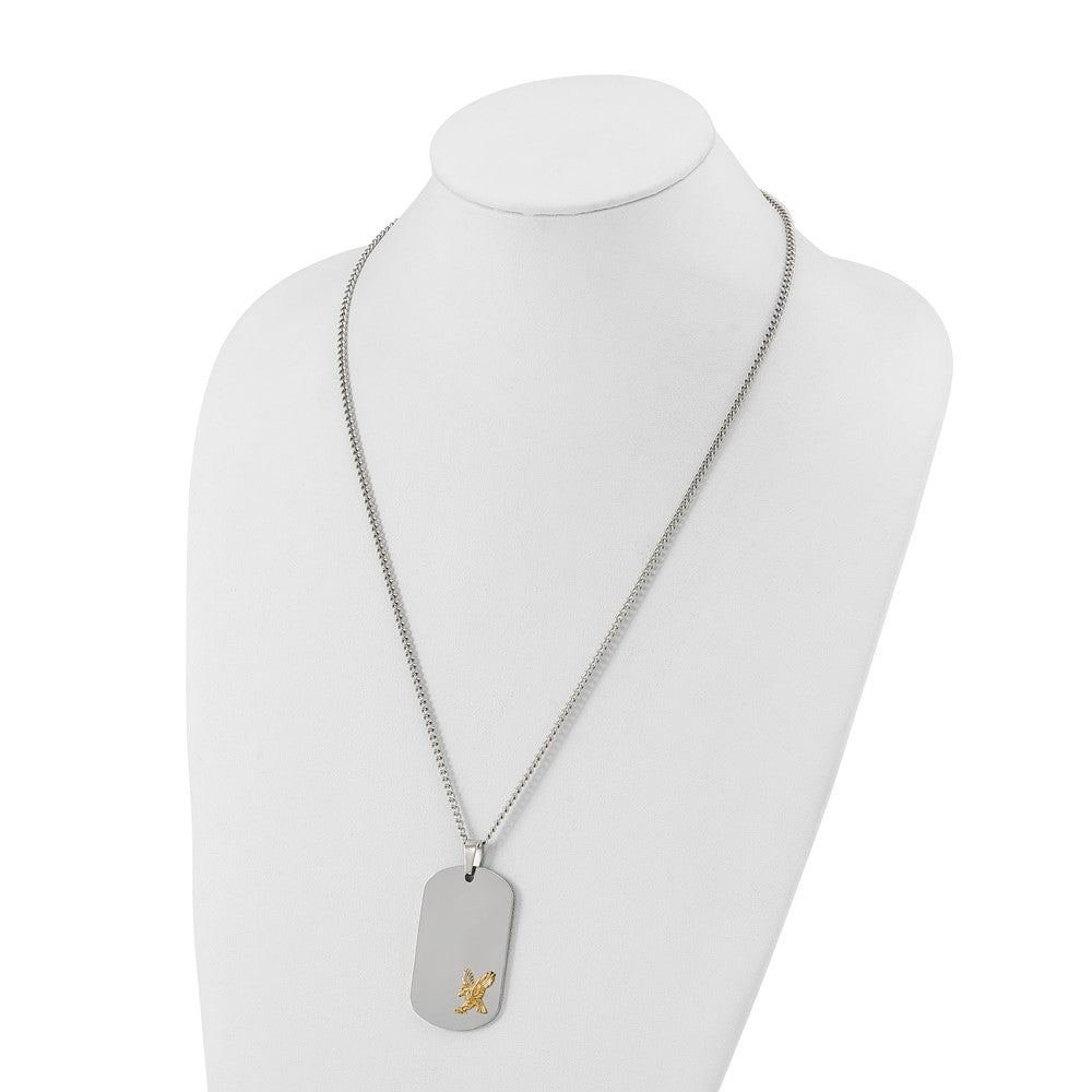 Chisel Stainless Steel Polished with 14K Gold Accent Eagle Dog Tag on a 24 inch Curb Chain Necklace