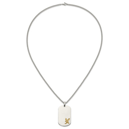 Chisel Stainless Steel Polished with 14K Gold Accent Eagle Dog Tag on a 24 inch Curb Chain Necklace