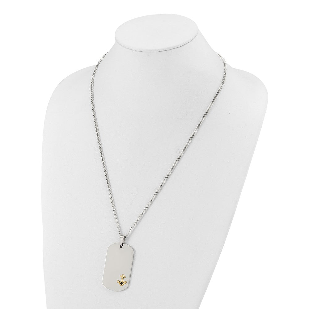Chisel Stainless Steel Polished with Diamond-cut 14K Gold Accent Anchor with Black Enameled Dog Tag on a 24 inch Curb Chain Necklace