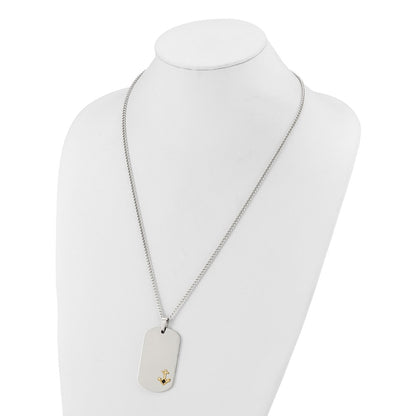 Chisel Stainless Steel Polished with Diamond-cut 14K Gold Accent Anchor with Black Enameled Dog Tag on a 24 inch Curb Chain Necklace