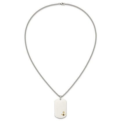 Chisel Stainless Steel Polished with Diamond-cut 14K Gold Accent Anchor with Black Enameled Dog Tag on a 24 inch Curb Chain Necklace