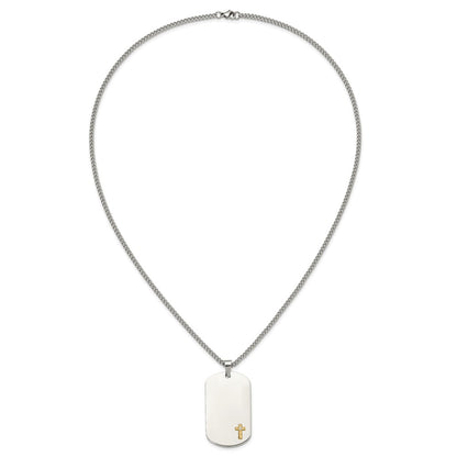 Chisel Stainless Steel Polished with 14K Gold Accent and .02 ct. Diamond Cross Dog Tag on a 24 inch Curb Chain Necklace
