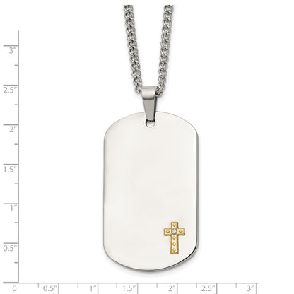 Chisel Stainless Steel Polished with 14K Gold Accent and .02 ct. Diamond Cross Dog Tag on a 24 inch Curb Chain Necklace